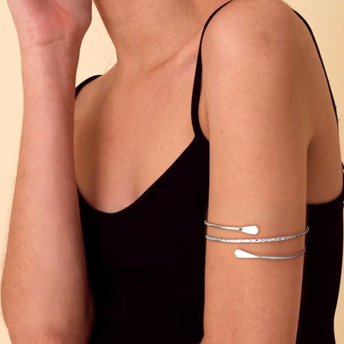FUNRUN JEWELRY Arm Cuff Upper Arm Band for Women Gold Arm Cuff Bangle Bracelets Adjustable Coil Swirl Armlet ArmBand Jewelry,3-4Pcs - color: A:Silver tone