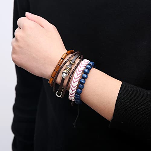 HZMAN Wrap Bracelets Men Women, Hemp Cords Wood Beads Ethnic Tribal Bracelets, Leather Wristbands - style: Hand-made 4 MIX