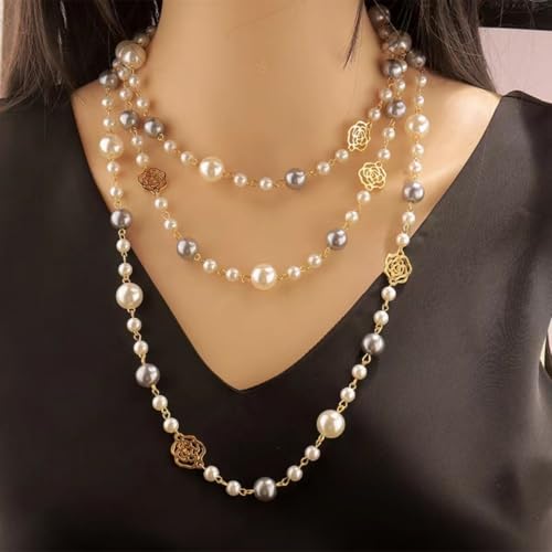 Layered Pearl Necklaces for Women Big Pearl Long Chain Necklace Dainty Faux Pearl Necklaces Statement Sweater Strand Chain Jewelry - style: SetF