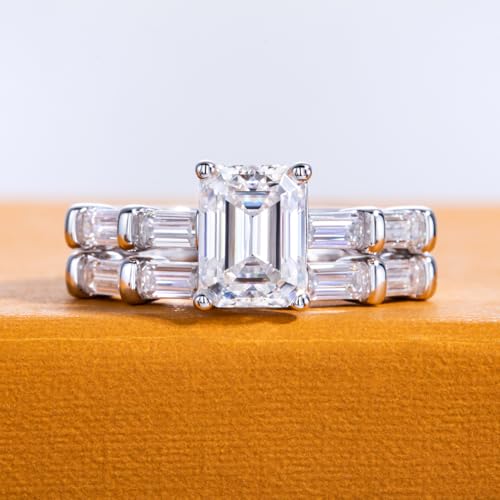 Oval/Pear/Cushion Cut Moissanite Wedding Ring Set D Color VVS1 Clarity 925 Sterling Silver Engagement Promise Anniversary Rings Bridal Sets for Women with Certificate - style: 3.8cttw Emerald Cut