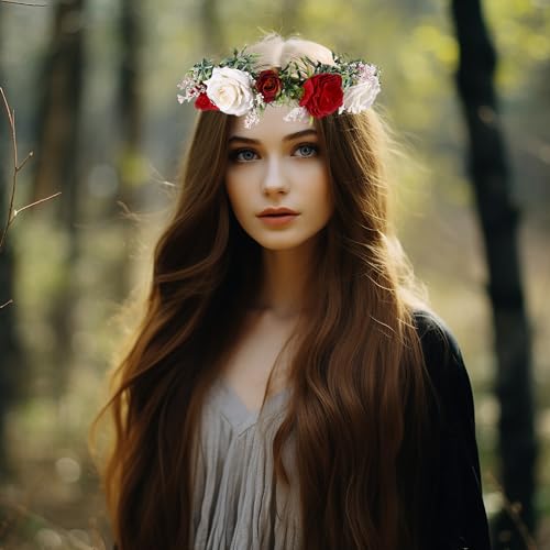 Vivivalue Bridal Flower Crown Rose Flower Headband Hair Wreath Floral Headpiece Halo Boho with Ribbon Wedding Party Festival Photos - color: C
