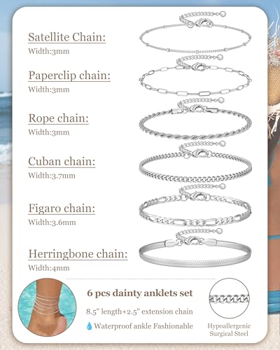 Besteel Ankle Bracelets for Women Waterproof - 14K Gold Plated Non Tarnish Layered Cuban Link Chain Rope Figaro Herringbone Anklets Set Plus Size Anklet Summer Foot Jewelry Gift Adjustable 8-12 Inch - style: 6 Pcs Steel Cuban-8.5+2.5 Inch
