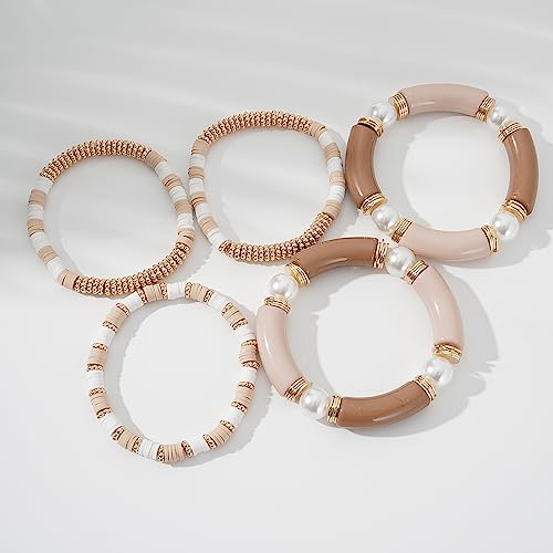 GOOJIDS Simple Beaded Gold Plated Bangles Bracelet Chunky Bamboo Tube Curved Stacking Clear Acrylic Colorful Beads Stretchable Gold Plated Bracelets Set For Women - color: A-A2 Grey Set