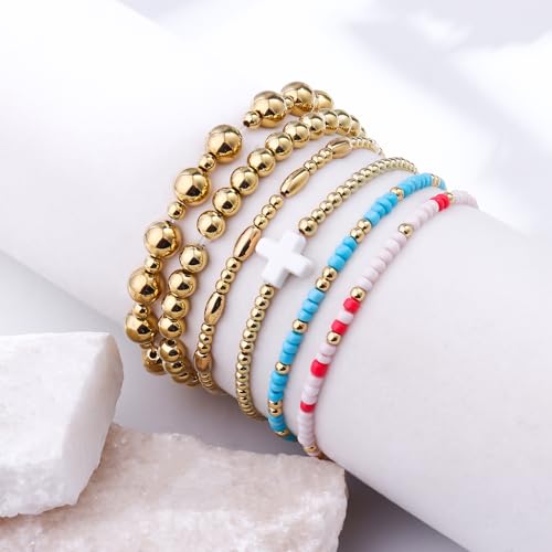 Gold Beaded Bracelets for Women: 14K Gold Bracelets for Women Trendy Dainty Gold Ball Bracelet Stack for Womens - Boho Stretch Bracelets Jewelry Sets with Cross Fashion Accessories Gifts for Women - style: Purity Cross