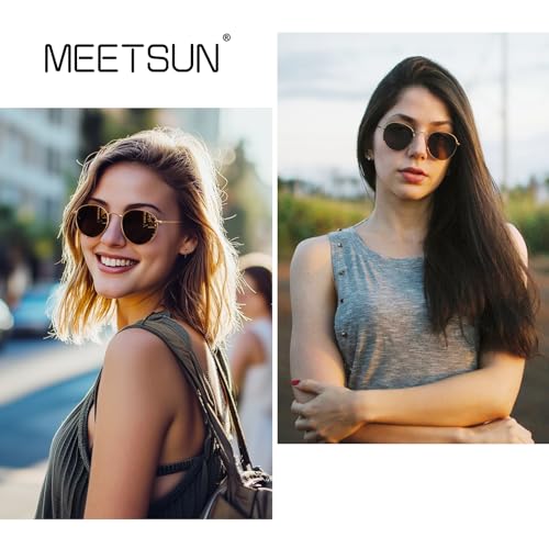 MEETSUN Round Polarized Sunglasses for Women Men Classic Retro Metal Frame Sun Glasses UV Protection - color: (2 Pack) Gold/Grey + Gold/Brown