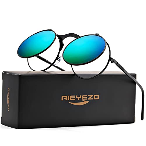AIEYEZO Round Flip Up Sunglasses for Men and Women Rave Flip Glasses 90's Retro Steampunk Style - color: Black/Green Mirror
