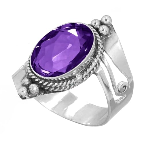 Handmade 925 Sterling Silver Plated Ring Natural Gemstone Carnelian, Rose Quartz, Tiger Eye, Crystal Oval Boho Jewelry For Women - color: Amethyst Quartz