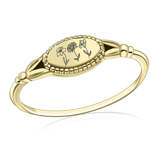 Birth Month Ring for Women Personalized Birthday Flower Signet Rings 925 Sterling Silver Vintage Rings Personalized Gift with Birth Flowers for Mom Daughter Girlfriend Wife Friend - color: 3 flowers