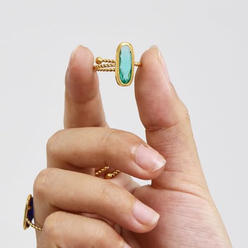 18K Gold Plated Adjustable Twisted Rings for Women Non Tarnish Oval Czech Glass Stone Stainless Steel Statement Rings Open Gemstone Boho Stackable Band Jewelry - color: Light Green