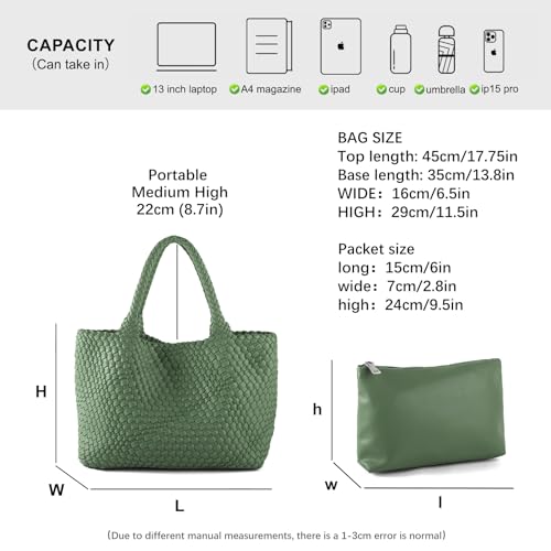 Woven Tote Bag Womens Purse Vegan Leather Shoulder Handbags Fashion Summer Beach Tote Bags Large Travel Totes - color: Grass Green