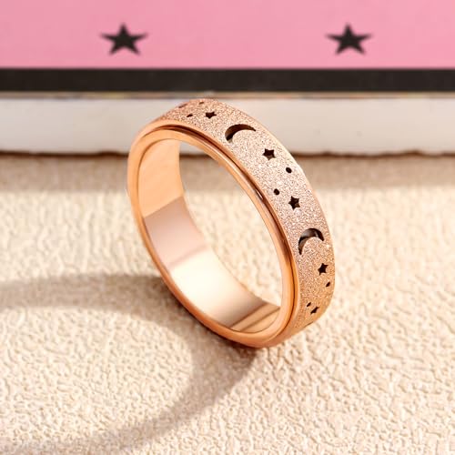 Anxiety Ring for Women Spinner Rings:Rotating Rings Stainless Steel 6mm Moon Star Anxiety for Men Band Jewelry Gift for Women Size 6 7 8 9 10 - color: B-Rose Gold