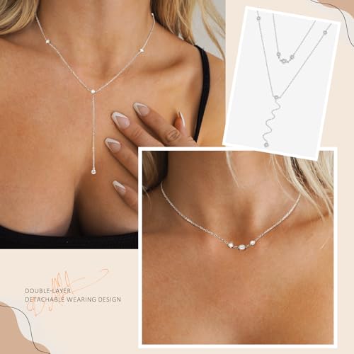 DALI Long Gold Necklaces for Women, Dainty Layered Sterling Silver Plated Y Shaped Necklace Stack Non Tarnish Cross CZ Pendant Long Chain Choker Adjustable Necklaces Jewelry for Vacation Christmas - color: Silver CZ Long Necklace