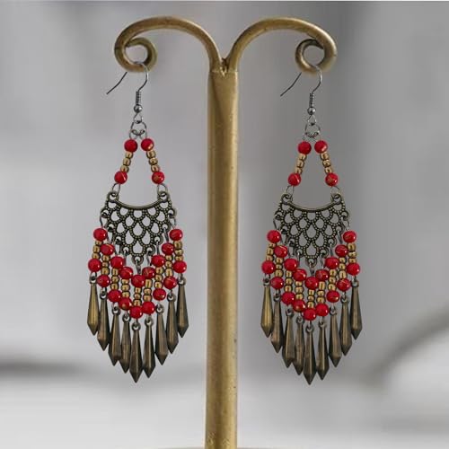 Handmade Vintage Bronze Bohemian Long Tassel Colorful Bead Dangle Drop Earrings Big Tribal Chandelier Geometry Hook Earrings for Women Statement Jewelry Gifts - color: Deep Red