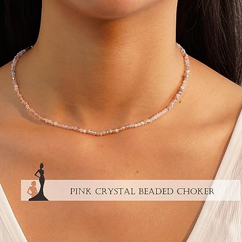 JSJOY Tiny Crystal Beaded Choker Necklaces for Women Colorful Beaded Necklace Dainty Choker Necklaces Simple Boho Jewelry Gifts for Teens Handmade Shining Bead Necklaces Gifts - color: Pink