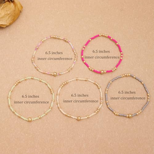 Gold Beaded Stackable Friendship Bracelets Set for Women, Handmade Boho Stretch Summer Jewelry Gift. - color: gold green gray fuchsia pink yellow beige