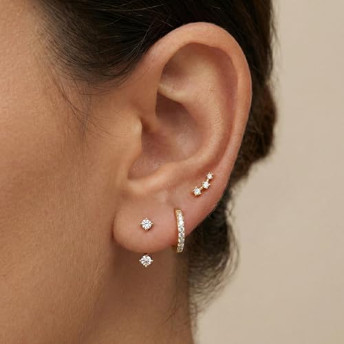 3 Pairs Dainty Small 4th of July Earrings for Women Trendy, Birthstone Stud Huggie Hoop Jacket Stack for Cartilage Helix, Gold Plated Hypoallergenic Cute Women Fashion Accessories Western Jewelry Gifts - color: 04White - Apr