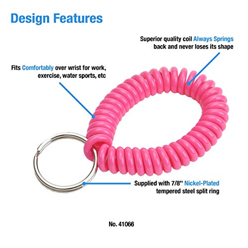 Lucky Line 2” Diameter Spiral Wrist Coil with Steel Key Ring, Flexible Wrist Band Key Chain Bracelet, Stretches to 12”,unisex,adult Pink, 1 PK (410661) - color: Pink Neon, size: 1 Pack
