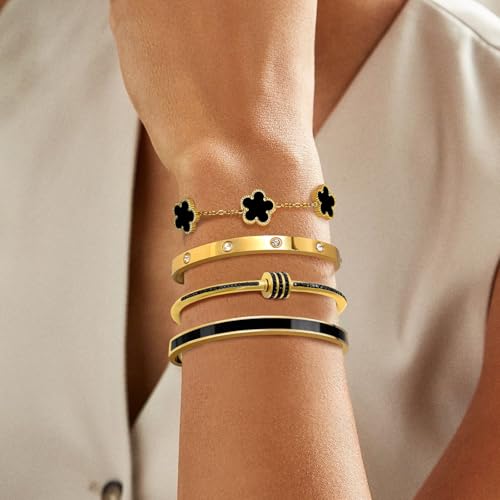MOINSPIRE Gold Bracelets for Women, 18K Gold Plated Tennis Nail Clover love Bangle Bracelets Set Non Tarnish, Stainless Steel Trendy Stackable Bracelet Fashion Jewelry Accessories Gifts for Christmas - color: C1-Black