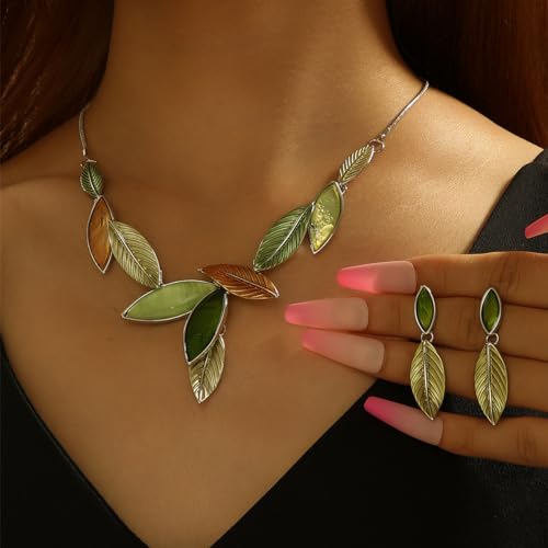Vintage Chunky Statement Jewelry Set Retro Leaf Floral Geometric Bohemian Boho Bib Necklace Earring Set Fashion Costume Jewelry for Women Girls Wedding Party Prom Unique Gift - style: leaf jewelry set 2-green
