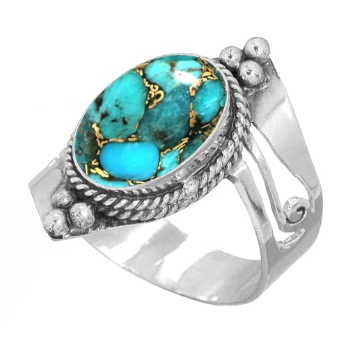 Handmade 925 Sterling Silver Plated Ring Natural Gemstone Carnelian, Rose Quartz, Tiger Eye, Crystal Oval Boho Jewelry For Women - color: Copper Blue Turquoise
