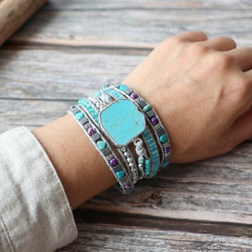 YGLINE Natural Stone Bracelet 5 Wraps Bracelet Handmade Blue Color Boho Bracelet for Women Bracelet - color: turquoise 8