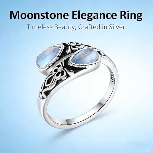 Adjustable Thumb Rings for Women Vintage Moonstone Obsidian Turquoise, Spoon Style Adjustable Ring Gift for Her, Sister, Mom – Natural Gemstone Jewelry - style: Moonstone Bow Ring