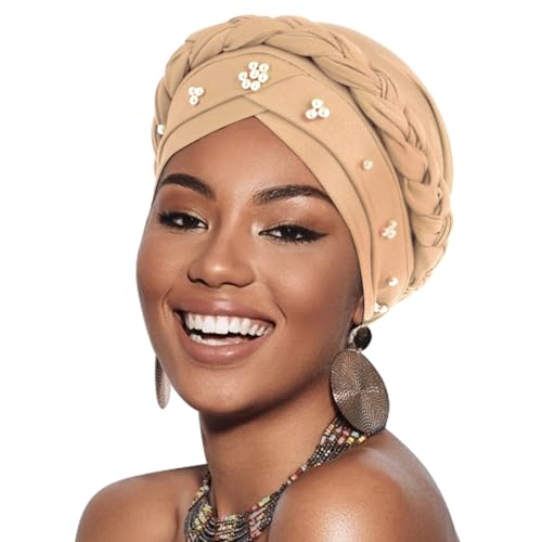 African Women Turban Caps Pre-Tied Twisted Turbans Head Scarf for Women Hair Wraps Cover Beanie Cancer Chemo Headwear - color: 1 Pack Twisted Braid: Gold Bead Khaki
