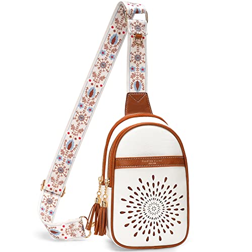 APHISON Small Sling Bag Fanny Packs Cell Phone Purse Vegan Leather Crossbody Bags for Women Chest Bag with Adjustable Strap White Brown - color: 01-white-brown