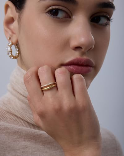 PAVOI 14K Gold Plated Wavy Split Ring - Wave Gold Stackable Rings for Women with Cubic Zirconia - Dainty Wedding Band - Trendy Bridal Fashion Jewelry - color: Yellow Gold