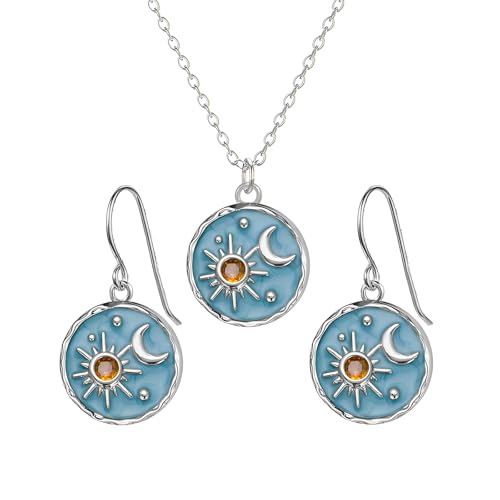 Dreuyet Vintage Sun Moon Earrings and Necklace Set for Women Boho Antiqued Crytal Sun Moon Dangle Drop Earrings Necklace Unique Handmade Retro Round Coin Celestial Jewelry Gifts - color: Silver Blue