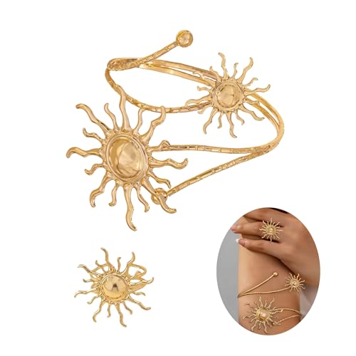 Gold Arm Cuff with Ring, 2 Pcs Open Upper Arm Bracelet and Ring with Rhinestones, Adjustable Metal Armband Jewelry Set - color: Sun