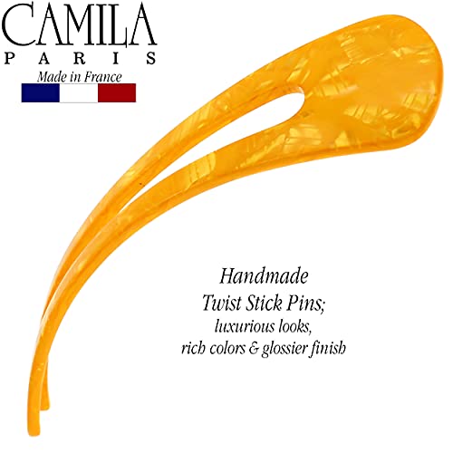 Camila Paris CP3166 French Twist Stick Clip Pins, Orange, Wavy Hair Pin U-Shaped Hair Fork for Girls Spiral Updo Chignon Bun Holder, Fashion Flexible Styling Hair Accessories for Women, Made in France - color: 2-Prong Orange