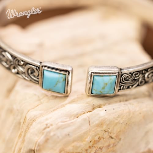 Montana West Wrangler Cuff Bracelet for Women Western Turquoise Adjustable Open Bangle Silver Plated Carved Floral Cowgirl Country Jewelry - color: Silver-Turquoise
