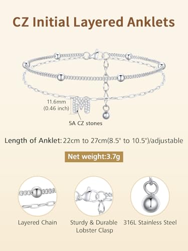 FindChic Silver/14K Gold Plated Layered CZ Initial Ankle Bracelet for Women | Waterproof Stainless Steel, Cubic Zirconia Letter Charm, Non-Tarnish, Hypoallergenic, Adjustable Extender, Summer Jewelry - color: Silver, size: C