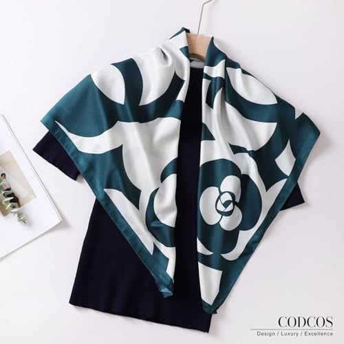 Women's Square Silk Like Head Scarf Large 35 inch Silk Feeling Hair Wrapping Satin Scarves for Sleeping Bandanas - color: A004-2 Twill Flower Green