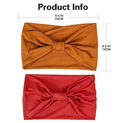 GiLi 2 Pack Wide Headbands for Women Boho African Knotted Non Slip Fashion Hair Bands Yoga Running Sports Workout Gym Head Wraps Elastic Soft Cotton Cloth Turbans Bandana for Girls (Brown,Red) - color: 2 Color (Brown+Red)