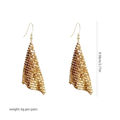 Sequin Earrings for Women Metal Mesh Grid Sequins Tassel Long Drop Dangle Earrings Trendy Charms Bridal Wedding Jewelry - color: Gold