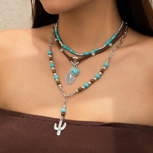 Western Necklaces Boho Layered Charm Necklace for Women Turquoise Beaded Choker Ox-head Pendant Necklace Western Jewelry for Women Cowgirl Accessories - color: Style-C