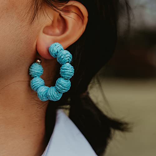 Raffia Hoop Earrings Statement Boho Beaded Earrings Cute Rattan Handmade Colorful Jewelry for Women Unique Summer Outfits - color: Blue