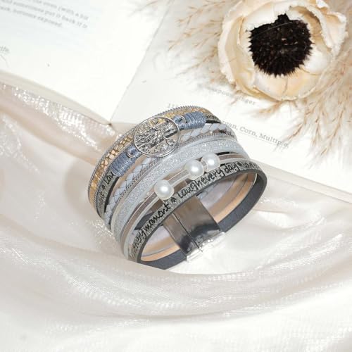 Leather Wrap Bracelet for Women, Boho Cuff Bracelet with Strong Clasp, Multi-Layer Crystal Leather Bracelet for Valentine Mother's Day - color: 02-Tree of Life-Gray