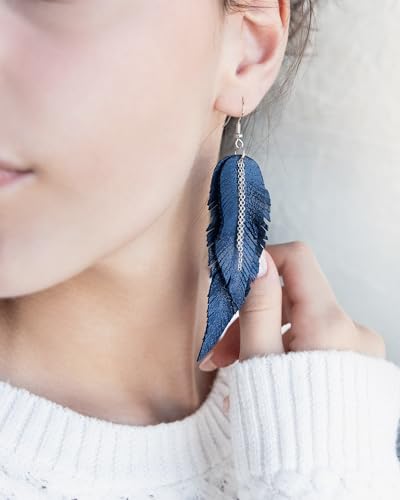 Black shiny Leather Feather Earrings for Women, Lightweight Minimal Boho Dangle Earrings, Small Simple Everyday Jewelry - color: Dark blue shiny