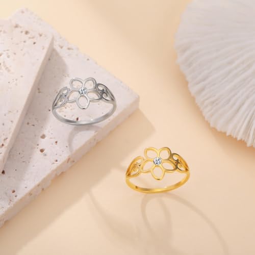 TEAMER Bohemian Hollow Flower Ring Stainless Steel Rhinestone Flower Ring Wedding Band Ring Exquisite Jewelry for Women - color: Gold - Flower With Rhinestone