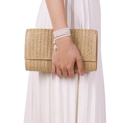 Huralona Women Straw Woven Clutch Purse Pleated Handbag for Summer Beach Vacation Straw Shoulder Crossbody Bag - color: Khaki3