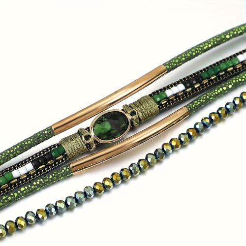 Boho Layered Bracelet for Women – Green Crystal Beaded Wrap Bracelet with Gold Clasp, Multi-Strand Hypoallergenic Statement Jewelry - color: Green