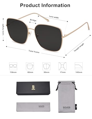 SOJOS Trendy Oversized Square Metal Frame Sunglasses for Women Men Retro Big Flat Lens UV Protection Sunglasses SJ1146 - color: Gold/Grey
