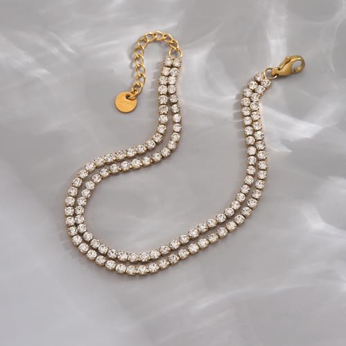 Anklet Bracelets for Women 18K Gold Plated Tennis Anklets Dainty Sapphire Paperclip Pearl Sequin Droplet Adjustable Large Anklet Bracelets Simple Beach Summer Waterproof Foot Jewelry - color: Layered Tennis-Gold