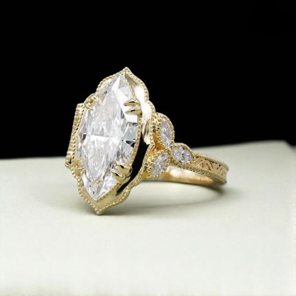 Silvart 3 Ct Marquise Cut Diamond Antique Art Deco Cathedral Vintage Milgrain Floral Engagement Ring For Women 14K Yellow Gold Plated Engraving Wedding Bridal Ring 925 Sterling Silver Handmade Ring