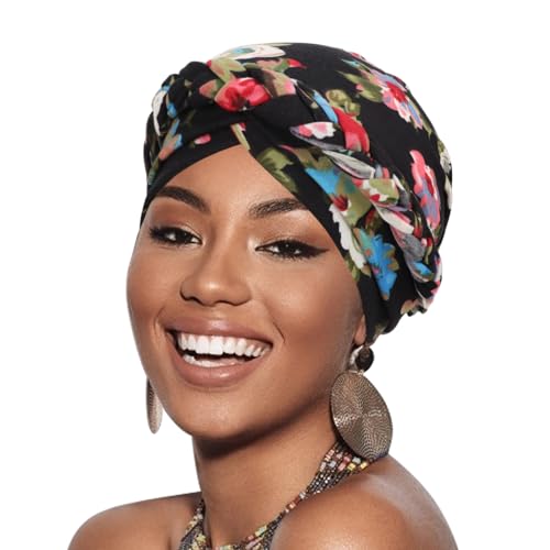 DRESHOW Turban Pre-Tied Twisted Hat Thread African Head Wraps for Black Women Chemo Cancer Cap Braid Hair Cover - color: 1 Pc Twisted Braid: Floral-black