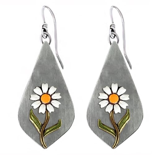 Boho Earrings, Statement Earrings, Teardrop Sunflower Earrings, Dangle Ethnic Earrings for Women, Handmade Bohemian Trendy Boho Vintage Jewelry - style: White Daisy