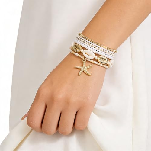 Shell Bracelet Seashell Boho Beaded Stretch Bracelets for Women Summer Beach Bracelets Starfish Charm Bracelet Stackable Gold Plated Bracelets Set for Women - color: d-white